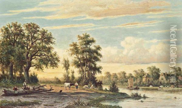 A Pastoral Landscape Oil Painting - Johannes Jacobus Heppener