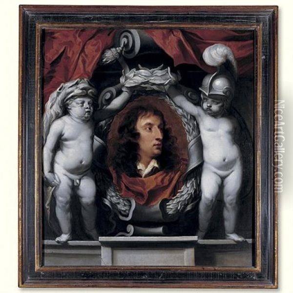 Portrait Of A Royalist General (the Earl Of Sandwich?) Supported By Putti Dressed As Minerva And Hercules Oil Painting - Isaac Fuller