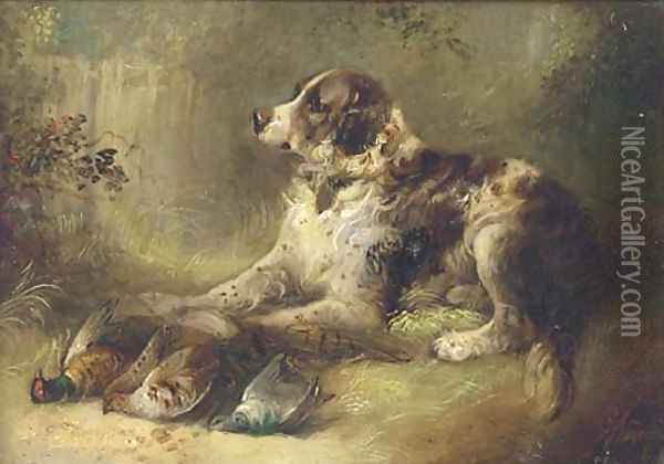 A spaniel with dead game Oil Painting - George Armfield