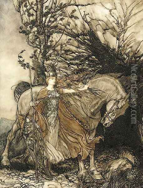 Brunhilde with her horse at the mouth of the cave Oil Painting - Arthur Rackham
