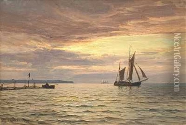 Morgenstemning Oresund, Fiskere Rogter Garn Oil Painting - Vilhelm Karl Ferdinand Arnesen