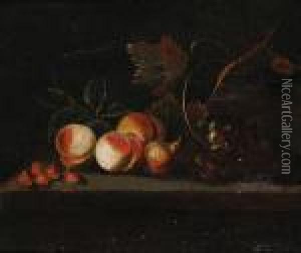 Still Life Of Peaches, Strawberries And Grapesresting On A Ledge Oil Painting - Tobias Stranover