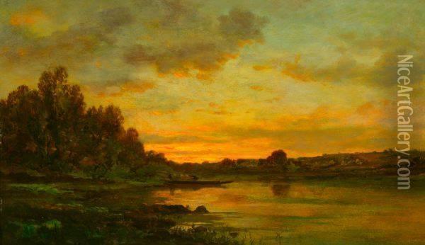 Sunset Over River With Barge And Figures Oil Painting - Jules Rozier