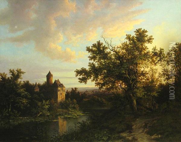 An Extensive Landscape With A Castle In The Distance Oil Painting - Barend Cornelis Koekkoek