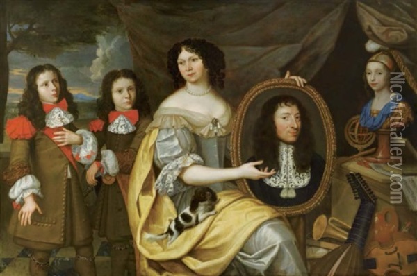 Portrait D'une Femme Tenant Le Portrait En Medaillon De Son Mari, Avec Ses Enfants Oil Painting - Pier Francesco Cittadini