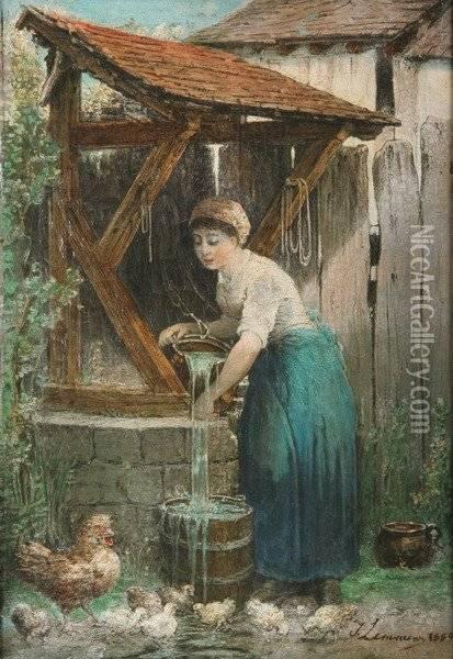 Woman At The Well With Chickens Oil Painting - Theophile Victor Emile Lemmens