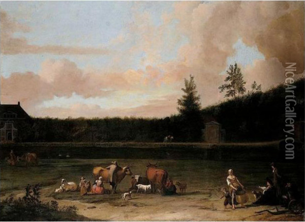 A River Landscape With The Artist In The Foreground Sketching A House Oil Painting - Ludolf Backhuysen
