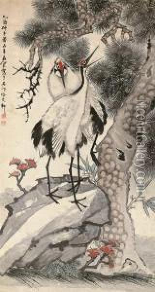 Two Cranes Oil Painting - Ren Xun