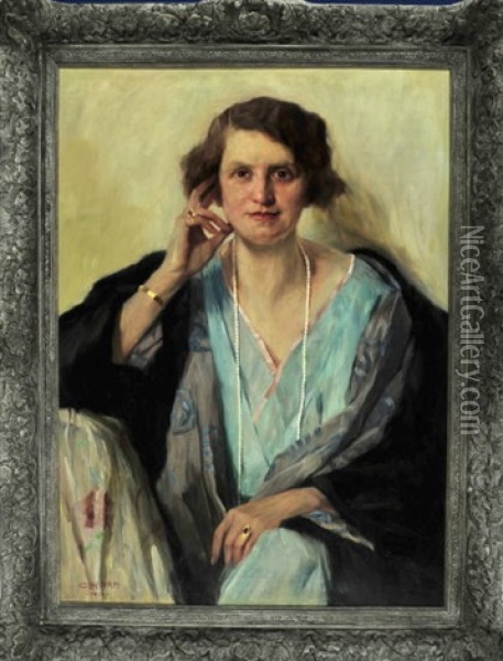 Portrait Einer Sitzenden Dame Im Grunen Sommerkleid Mit Schwarzen Cape Oil Painting - Carl Horn