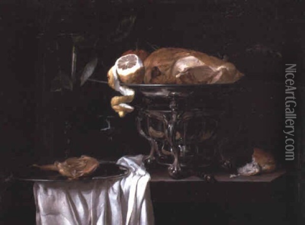 A Roast Guinea-fowl, An Orange, And A Peeled Lemon In A Chafing Dish Oil Painting - Heyman Dullaert