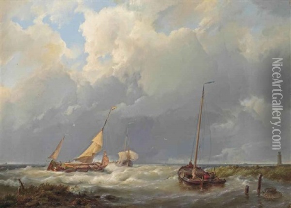 Coastal Scene With Fishing Vessels Oil Painting - Hermanus Koekkoek the Elder