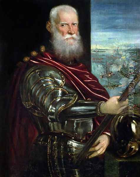 Portrait of Sebastiano Vernier d.1578 Commander-in-Chief of the Venetian forces in the war against the Ottoman Empire with the battle of Lepanto in the background, c.1571 Oil Painting - Jacopo Tintoretto (Robusti)