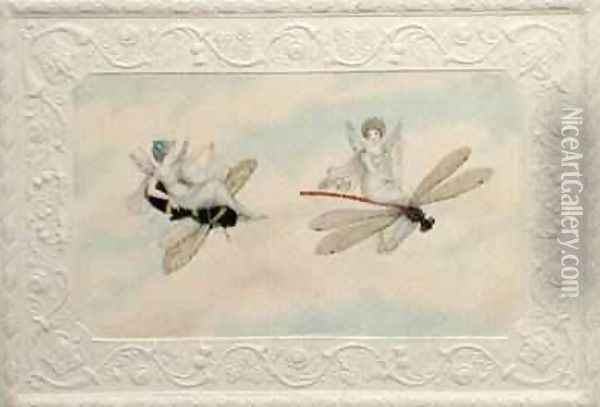 Two fairies flying through the air one seated on a bee and the other on a dragonfly 1817-29 Oil Painting - Amelia Jane Murray