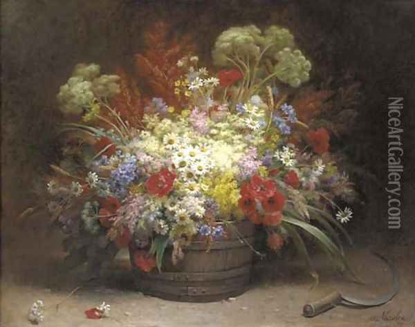 A bouquet of field flowers in a pail Oil Painting - Alice Vasselon