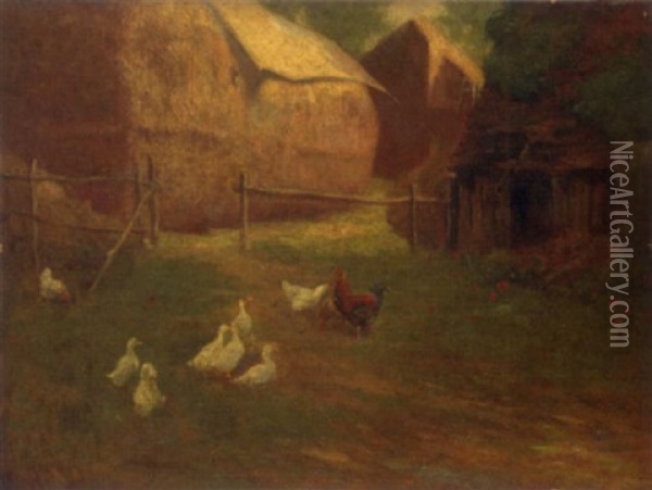 Chickens And Geese Before A Farm Oil Painting - David Adolf Constant Artz