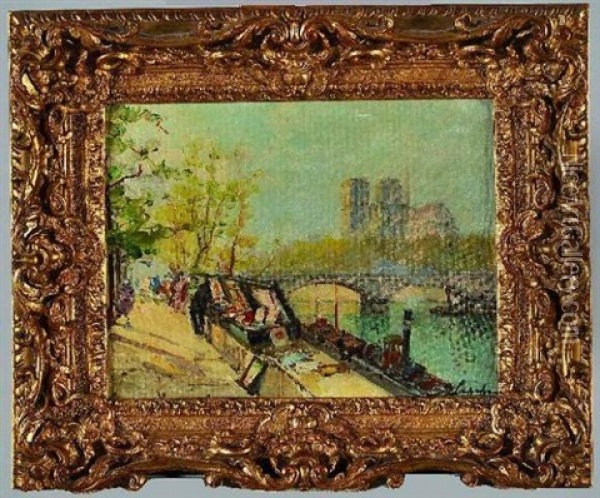 Notre-dame Et Les Bouquinistes Sur Les Quais De Paris Oil Painting - Georgi Alexandrovich Lapchine