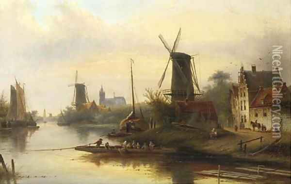 A riverlandscape with a windmill Oil Painting - Jan Jacob Coenraad Spohler