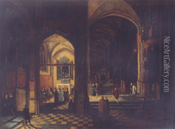 A View In A Gothic Church With A Mass Being Celebrated In A Chapel Oil Painting - Peeter Neeffs the Younger