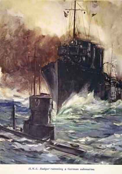 HMS Badger ramming a German submarine Oil Painting - Cyrus Cuneo