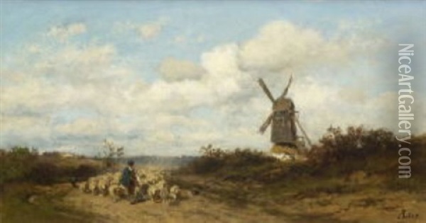 Schafer Mit Seiner Herde Bei Einer Windmuhle Oil Painting - Adolf Heinrich Lier