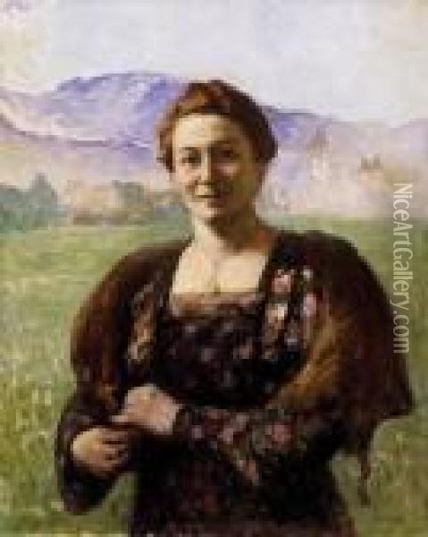 Woman In A Nagybanya Landscape Oil Painting - Janos Thorma
