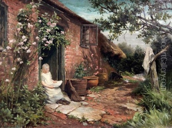 Seated Girl In A Cottage Doorway Oil Painting - George Augustus Holmes