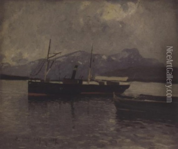 Fjordlandschaft Mit Dampfschiff Oil Painting - Adolf Gustav Schweitzer
