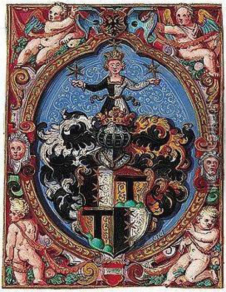 A Coat-of-arms, Surrounded By Allegorical Figures And Putti Oil Painting - Andreas Fischer