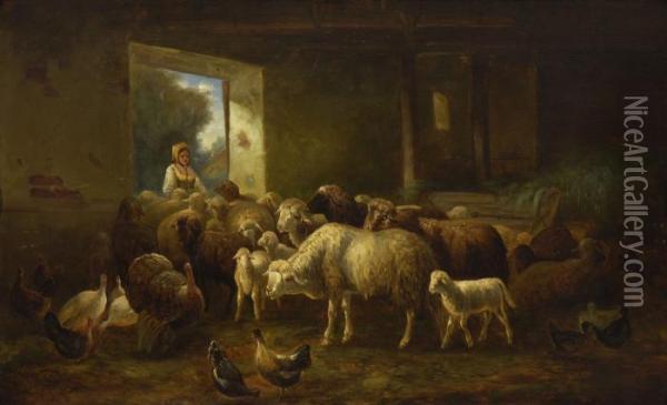 Schafe Und Huhner Im Stall. Oil Painting - Louis, Ludwig Reinhardt