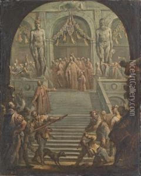 A View Of The Scala Dei Giganti 
In The Ducal Palace, Venice, Seen Through The Porta Della Carta, With 
The Senators Crowning A New Doge - A Bozzetto Oil Painting - Gaspare Diziani