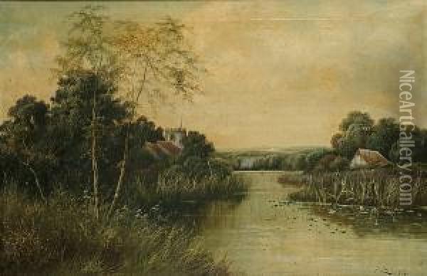River Landscape Oil Painting - G. Davis