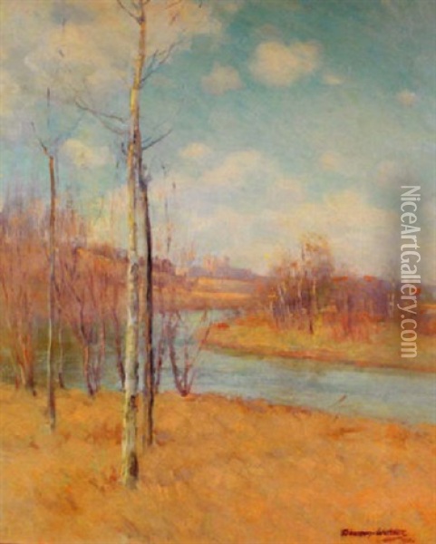 River Landscape With Foreground Birches Oil Painting - Dawson Dawson-Watson