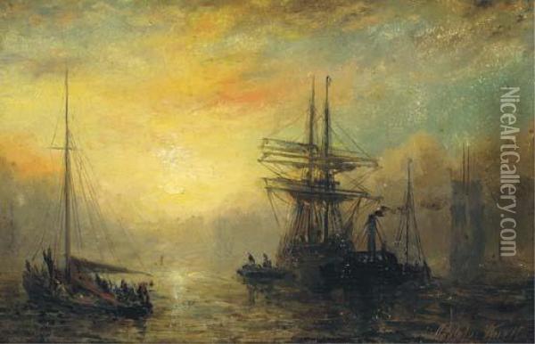 Towing Out At Dusk; And The Anchorage At Dawn Oil Painting - Adolphus Knell