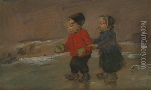 Zwei Kinder Auf Dem Eis Oil Painting - Wilhelm Busch