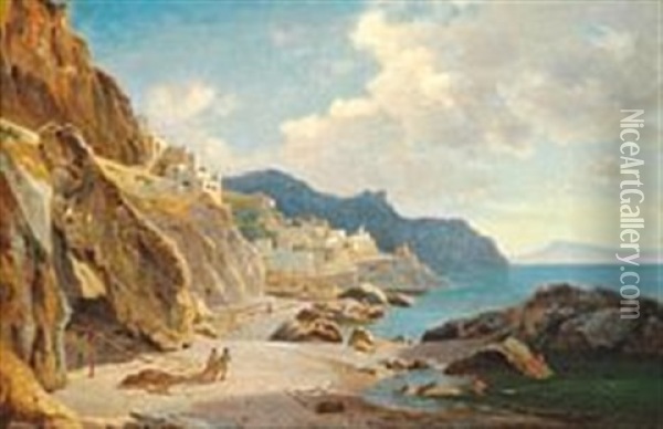 Coastal Scene From Amalfi With Fishermen And Bathers Oil Painting - Anders Christian Lunde