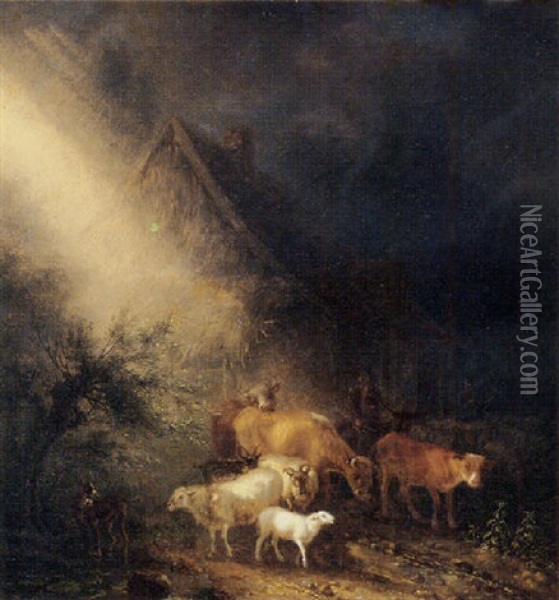 A Cowherd Fording Goats And Sheep On A Track By A Farm At Night Oil Painting - Jean-Baptiste De Roy