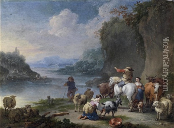 Drovers And Their Herd Resting Beside A River Oil Painting - Pieter Bout