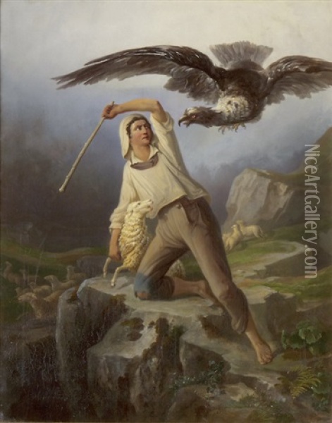 Schafhirt Im Kampf Mit Einem Adler Oil Painting - Anton Butler