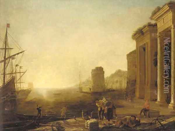 A coastal inlet with moored shipping and stevedores on a quay Oil Painting - Marie-Louise de Hapsburg-Lorraine