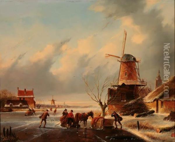 Villagerson A Frozen River Oil Painting - Jan Jacob Coenraad Spohler