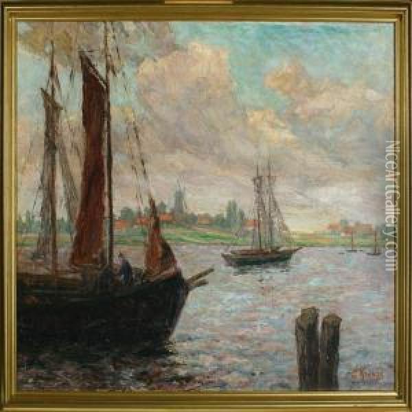 Scenery With Sailboats Oil Painting - Emil Axel Krause