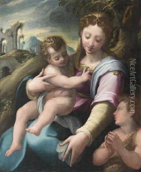 The Madonna And Child With The Infant Saint John Oil Painting - Girolamo Macchietti Del Crocefissaio