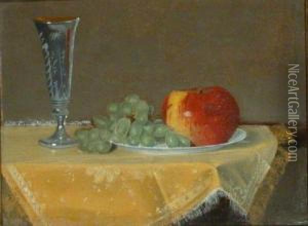 Still Life With Apple, Grapes And Etched Champagne Flute Oil Painting - Edwin Augustus Moore