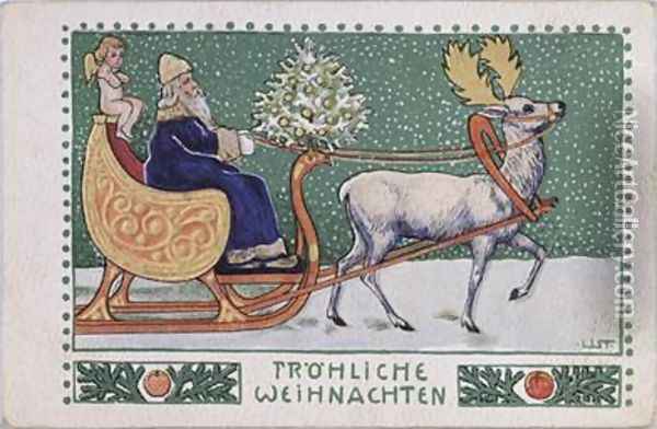 Postcard depicting Father Christmas on his sleigh Oil Painting - Wilhelm List