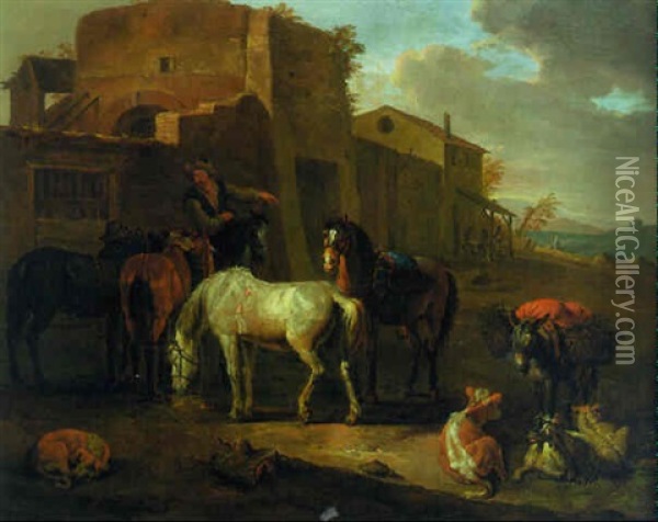 Drovers At A Farmstead Oil Painting - Pieter van Bloemen