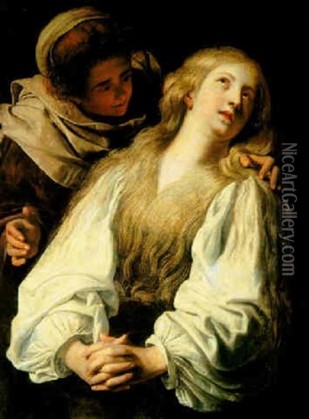 The Penitent Magdalene With A Maidservant Oil Painting - Nicolas Regnier
