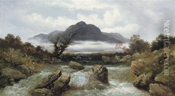 A Foaming Torrent, With Snowdon Beyond Oil Painting - William James Mueller