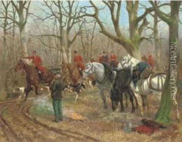 Chasse A Cour: A Stag Hunt On A Woodland Track Oil Painting - Georges Louis Ch. Busson