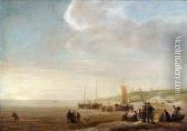Strandansicht Mit Figurenstaffage Bei Sonnenuntergang Oil Painting - Simon De Vlieger