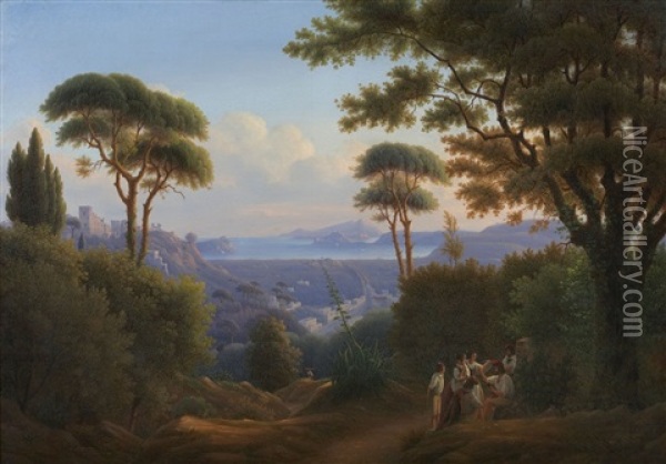 Landschaft Mit Landbevolkerung Am Golf Von Salerno Oil Painting - Johann Wilhelm Bruecke